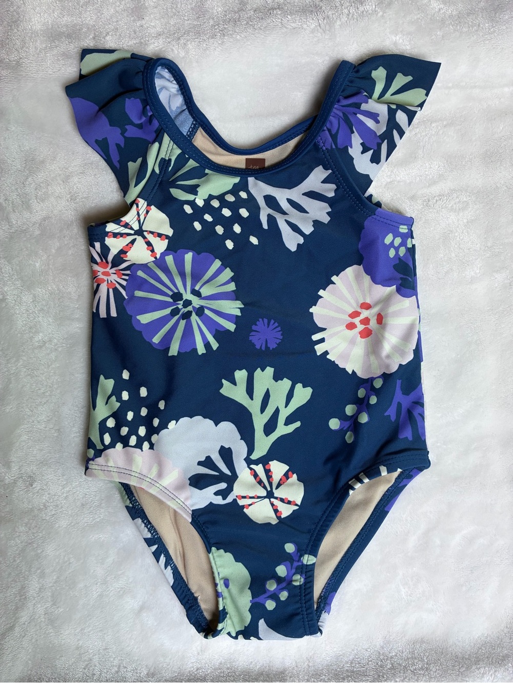 Tea Collection Navy Floral Ruffle Shoulder One-Piece Swimsuit Size 12-18 Months